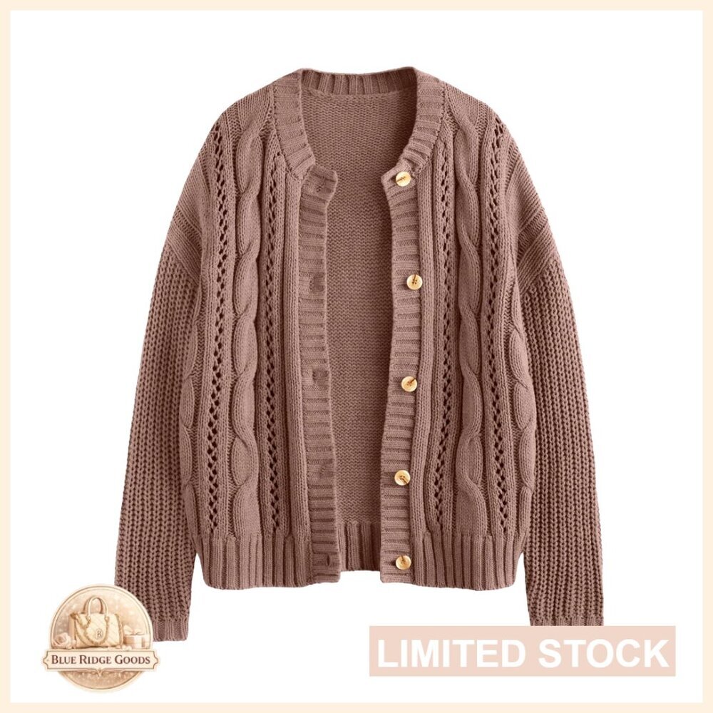 Cable Knit Crochet Cotton Cardigan Sweater Button Up Chunky Fall Jacket